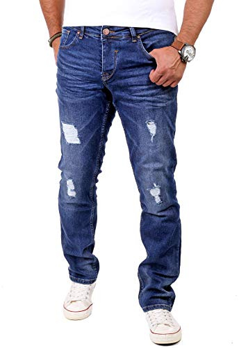 Reslad Jeans herr sliten look slim fit denim stretch jeans byxor RS-2062, blå, 32W x 32L