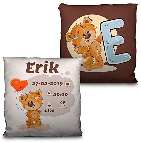 LolaPix Cojines Infantiles. Regalo bebé. Regalo Personalizado con Nombre. Fecha/Inicial. Cojín con Relleno Incluido. Varios diseños. Natalicio Osito