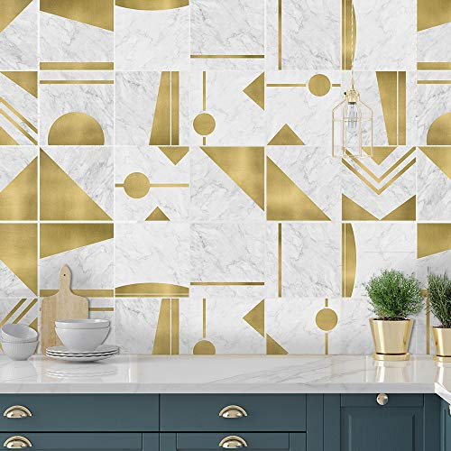 Lot de 10 autocollants de 20 x 20 cm imitation carreaux de ciment à poser au mur. Crédence, décoration d’intérieur, pour salon, cuisine, salle de bains, doré (golden)