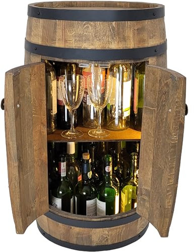 Fassbar mit 2 Türen und LED Beleuchtung, Holzfass 80x50cm Weinfass - Barschränk handgemacht Flaschenregal Hausbar vintage theke bar wand holzregal whisky Wein Bier - Bartisch Geschenk für Männer