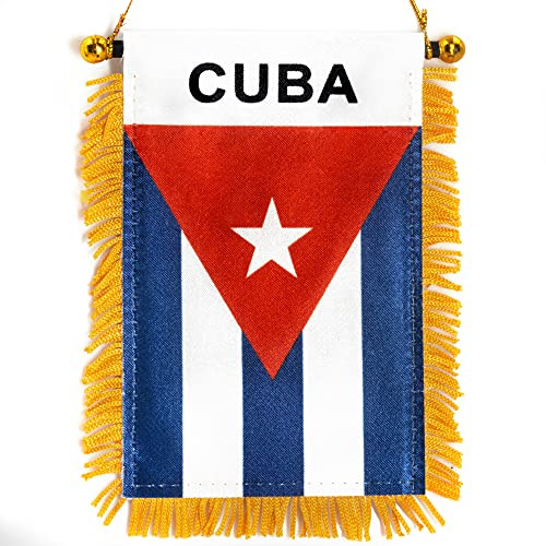 Anley Drapeau Suspendu à Fenêtre Fringy Cuba 4 X 6 Pouces - Mini Bannière & Décor De Rétroviseur De Voiture - Franges & Double Face - Drapeau Suspendu Cubain Avec Ventouse