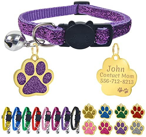 Uiopa Katzenhalsband mit Prickelnde Katzenmarken Personalisiert, Katzenhalsband mit Namen und Telefonnummer, Verstellbar Halsband Katze mit Sicherheitsverschluss für Katzen und Welpen (Lila)