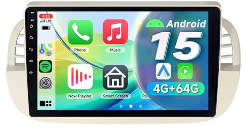ACAVICA Autoradio Android 14 mit CarPlay & Android Auto, 9 Zoll Touchscreen, Bluetooth, Navi, WiFi, DAB+, Dual USB, Für FIAT 500 500C 2007-2015, Apple CarPlay Display, Android Auto Bildschirm
