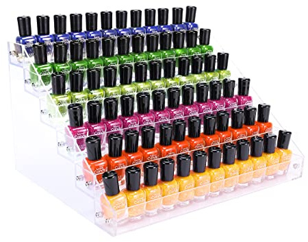 FFowcye Acrylic Nail Polish Organizer Rack, 6 Tier Holder Stand, Paint Rack Gel Nail Polish Shelf Display, Sunglass Organizer, Essential Oils Storage Shelf, Holds Up to 72 Bottles