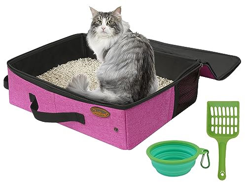 Deblue Portable Traveling Cat Litter Box with Lid, Foldable Mobile Cat Litter Box Fits Medium Cats and Kittie, Leak-Proof Collapsible Litter Carrier Box for Easy Car Ride with Cats-Pink