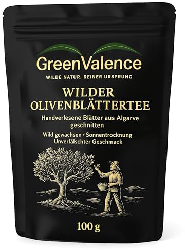 GreenValence Tisane de Feuilles d’Olivier Sauvages - Feuilles Cueillies à la Main en Algarve, Coupées | Plantes Sauvages, Naturelles & Séchées au Soleil | Infusion Méditerranéenne Premium (100 g)