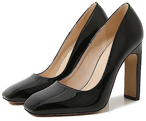 EXECAB Femmes Cuir Verni Confort Talon Haut carré Bout fermé Pompes Bride à la Cheville Bloc Talon sans Lacet Chaussures habillées de soirée,Noir,43