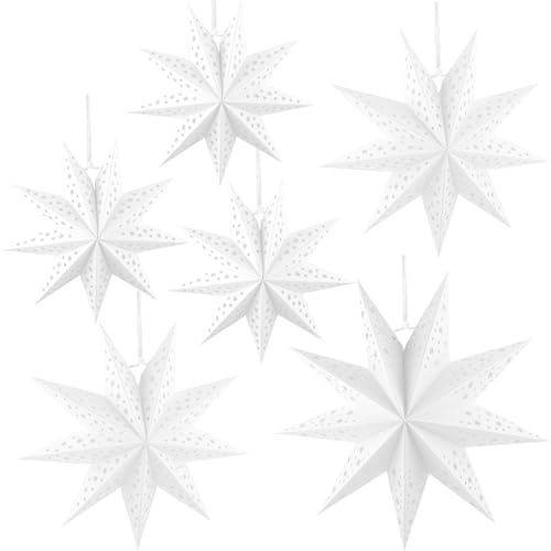 Cotiny 6 Pack Paper Star Lanterns White 9-Pointed Star Lamp Shade Hollow Stars Hanging Decorations for Christmas New Year Birthday Wedding Party, 3 Size