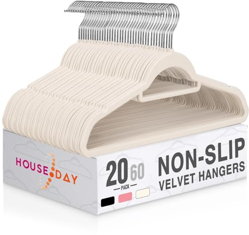 HOUSE DAY Velvet Hangers with Tie Bar 20 Pack Ivory, Clothes Hanger Non-Slip, Space Saving Felt Hangers for Pants, Coat, Suits, Shirt, Scarf, No Hanger Marks