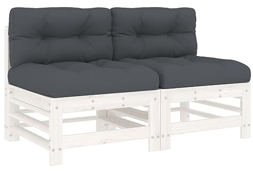 vidaXL Mittelsofa 2 STK., Gartensofa mit Kissen Latten-Design, Modular Sofa Garnitur für Garten Terrasse, Gartenmöbel Sitzgruppe Loungemöbel, Weiß Massivholz Kiefer