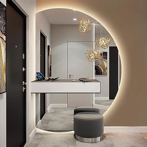 UkewEi Rahmenloser LED Badspiegel, Halbrunder Antibeschlag Wandspiegel mit Touchschalter, Dimmbar 3 Lichtfarbe, for Badezimmer Waschräume Schlafzimmer ( Color : Left cut , Size : 33*47inch(84*120cm) )