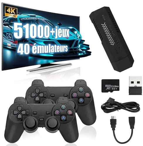X2 Plus Manette de Jeu Rétro 4K, Console Émulateur 128 Go avec 51 000+ Jeux Rétro Intégrés, 40+ Émulateurs, Jeux Vidéo Plug & Play avec 2 Manettes sans Fil 2,4 Go pour Téléviseur/Moniteur/Projecteur