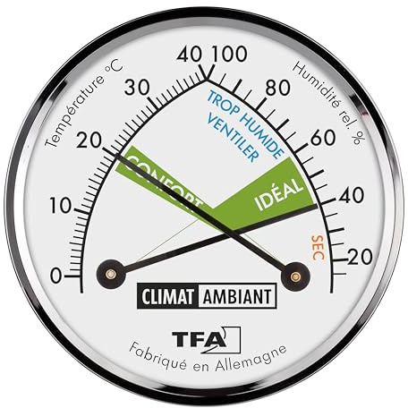 TFA Dostmann Thermomètre-Hygromètre analogique en français, 45.2024.FR, mesure de la température et de l'humidité dans maison, avec zones de confort, argenté
