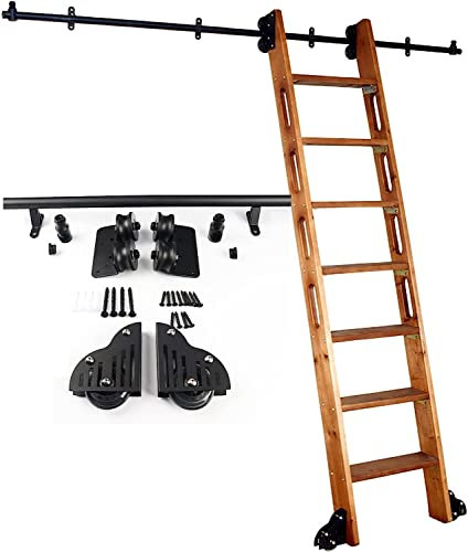 EsEntL Schiebetür-Hardware-Kit | Bibliotheks-Rollleiterschienen-Hardware, 1 m, 2 m, 3 m, 4 m, 5 m, 6 m | Rundrohr-Kohlenstoffstahlschlitten | Gleitschiene für Laufrollensystem, mit Rädern (ohne Lei