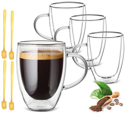 Aenmido 4x350ml Double Walled Glass Coffee Mugs with Handle,Cappuccino Mugs,Insulated Drinking Cups,Clear Glass Mugs for Latte, Americano,Hot Drinks Tea Milk Juice Ice Cream (Clear)