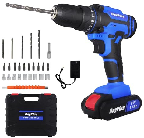 DayPlus Trapano Avvitatore a Batteria da 45 Nm 21 V con 25+1 Coppia, Batteria da 1,5 Ah e Caricatore Rapido, Vite a Percussione con Cassetta degli Attrezzi Portatile, Blu