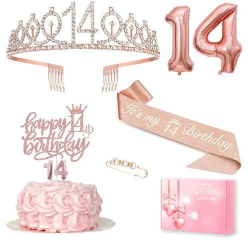 MURISE 14° compleanno ragazza decorazione: corona, fascia, torta, candele, palloncino oro rosa, 14° regalo per ragazze