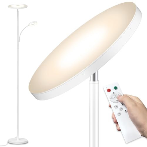42W Stehlampe Wohnzimmer Weiß, 4200LM LED Deckenfluter mit Seitenleuchten 2700K-6500K Stufenloses Dimmen , Fernbedienung und Touch-Steuerung, Moderne Dimmbar Stehlampe für Wohnzimmer Schlafzimmer Büro