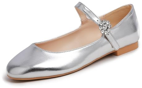 Feversole Women's Square Toe Mary Jane Fashion，Punta Quadrata Easy Buckle Tacco Basso Slip On Flats Mary Jane Quadrata Argento Taglie 38 EU