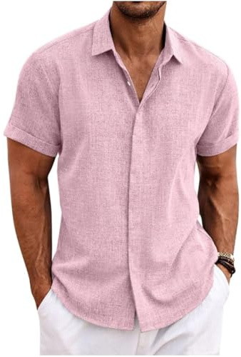 Chemise Lin Homme Manches Courtes Boutonnée Chemisette Homme Chemises d'été Unie Chemise de Plage en Coton Coupe Régulière Tee Shirt Décontracté Chemiser