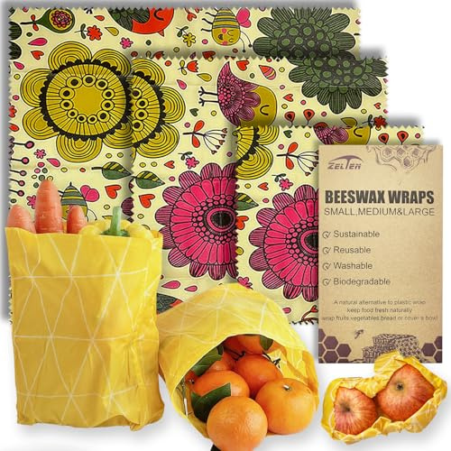 Beeswax Reusable Food Wraps - (3 Packs, 3 Sizes S,M,L) Plastic and Silicone Free, Eco-friendly Wrap, Wax Paper for Food,Flower Bee & Bird