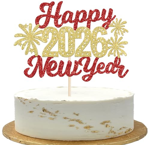 1 Stück Happy New Year 2026 Tortendeko Glitzer 2026 Gutes neues Jahr Kuchen Deko Prost auf 2026 Cake Topper für Willkommen 2026 Frohes Neues Jahr Party Kuchen Dekoration Rot Gold