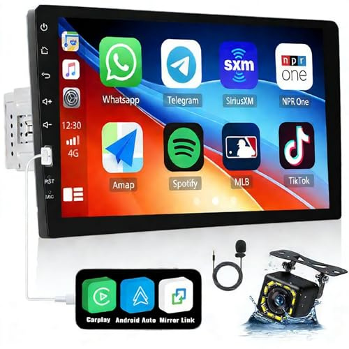 Fuluku 1 Din Autoradio mit 9 Touchscreen mit Carplay Android Auto | Radio Carplay 9 Touch Screen Bluetooth Bildschirm Audio Receiver mit Rückfahrkamera Mic USB TF/USB/AUX Eingang Mirror Link