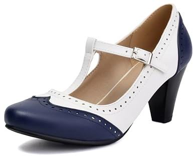 elerhythm dam Mary Jane Two Tone Classic och Retro Oxford Wingtip 1920-talet Pump Heels 1950-talet vintage rund stängd tå 1940-talet ankelrem klänning skor, blå, 40 EU