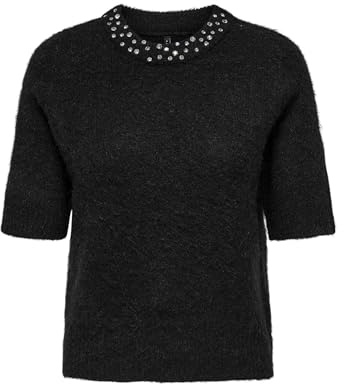 ONLY Onlrina Life SS Rhinestone O-Neck KNT, Noir, S Femmes