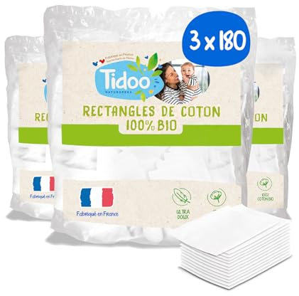 Tidoo - 540 Coton Pads Bébé 100% Bio - Ultra Doux pour Peaux Sensibles - Hypoallergéniques - Change & Toilette - Fabriqués en France