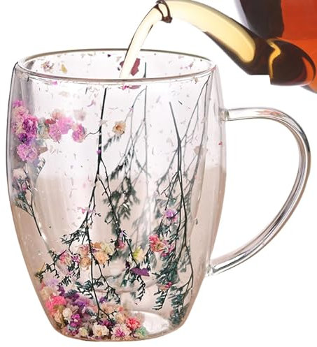 Générique Doppelwandige Isoliertasse, 350 ml Milchglas-Tassen wärmegekühlt, transparente Tassen mit Griff, integrierte Trockenblumen Kaffeemasse für Latte, Cappuccino, Teebeutel