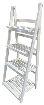Estantería para Plantas, Interior y Balcón, Soporte Flores, Escalera de 4 peldaños Plegable de Madera (Blanco)