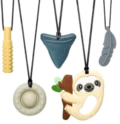 CLDY Kaukette für Kinder, 5 Stück Sensory Kauen Halskette, Kau-Charm, Beißring aus Silikon BPA-frei, Autismus-Spielzeug für Jungen und Mädchen, perfekt für Kinder mit ADHS, Beißende, Fingernägel Kauen
