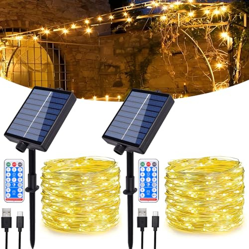 Hopelit 2 Pezzi Catena Luminosa Solare Esterna 30m 300 LED con Timer e Telecomando, a Filo di Rame Impermeabile IP65 con 8 Modalità, Luce Calda per Giardino Balcone Terrazza Gazebo Pergola Festa