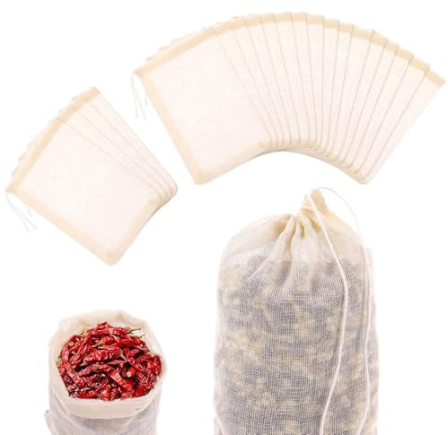 20 Pcs Spice Bags, Reusable Drawstring Cotton Tea Bags Muslin Bag Unbleached Filter Bag Disposable for Loose Tea Spices