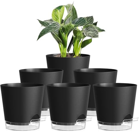 Homeuouz 6er Set Selbstbewässerungstopf – 15cm Blumentopf mit Bewässerungssystem, stilvolle Blumentöpfe in Matter Optik, selbstwässernder Blumentopf für Balkon & Innenbereich, Schwarz