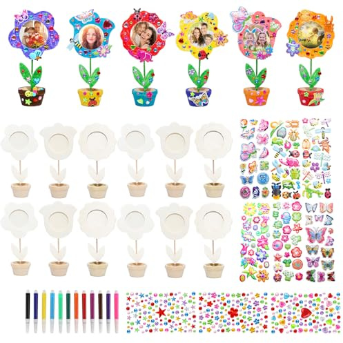 DMSESRLS 12 Stück Holzblumen zum Bemalen, 3D Blumen Bastelset Kindergeburtstag mit DIY Blume holzbilderrahmen, Bunter Pinsel, Glitzersticker, Holzblumen für Basteln und Bemalen