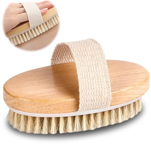 OUDQFCJ Spazzola Corpo a Secco con Setole Naturali di Cinghiale per Esfoliazione, Linfo-drenaggio, Riduzione Cellulite, Massaggio Profondo, Rinnovamento e Detossificazione della Pelle