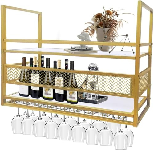 Porte-vin Suspendu, Support De Verre à Vin Suspendu en Métal, Support De Stockage De Vin D’Affichage De Bar à 2 Niveaux pour Bar Restaurant Café Cuisine, Gold, 140cm