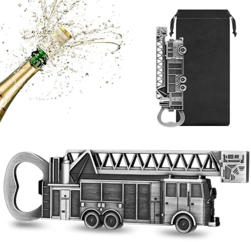 ULLEA Fire Engine Bottle Opener – Quirky Firefighter Gifts for Men, Dad, Grandpa – Silver Fire Engine-Shaped Bar Accessory with Gift Bag – Perfect for Birthday Fathers Day Christmas Pub Nights