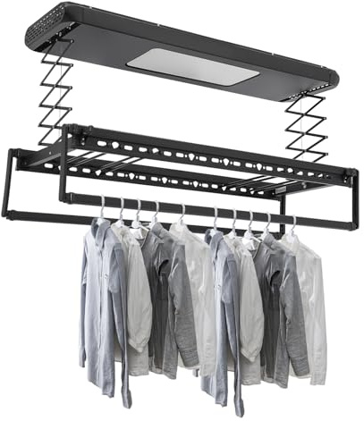 PattenlLevi Elektrischer Wäscheständer mit Fernbedienung,Kleiderstange 130-215cm,Max. 35kg Heizbarer Wäscheständer zur Deckenmontage Hebender Wäascheständer Decke,220V und 24W Beleuchtung (Schwarz)