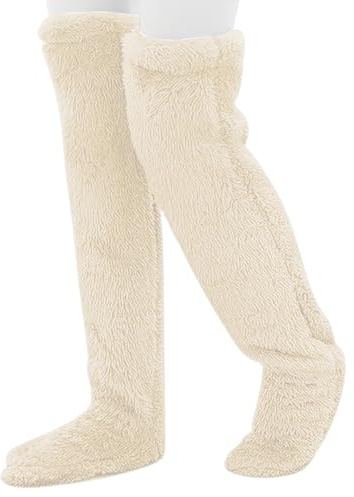 Gåsduns-knästrumpor till jul, långa, luddiga lårhöga strumpor, plyschknästrumpor for kvinnor, termos(Beige)
