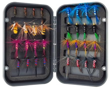 Kit Pesca a Mosca, 32/48/64 Pezzi Pesce Mosche Artificiali Esche Set, Esche a Doppia Faccia Scatola con Mosche Secche Bagnate, per Trote, Spigole, Trote Iridee