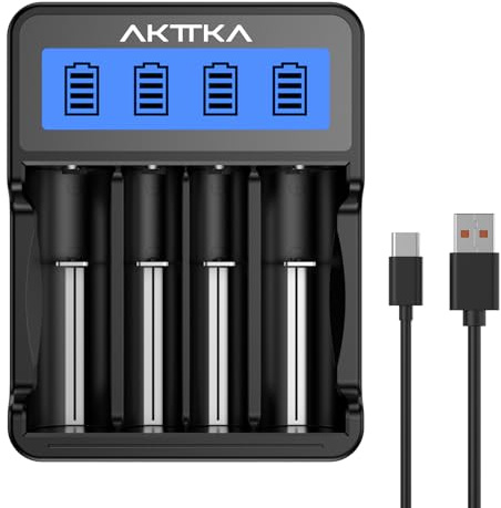 AKTTKA Cargador de Baterías 18650 Inteligente de 4 Bahías Indicador LCD Entrada Type-C/Micro-USB Compatible con Baterías Li-Ion de 3,7V (18650/21700) y Baterías NiMH de 1,2V (AA/AAA/C) Recargables