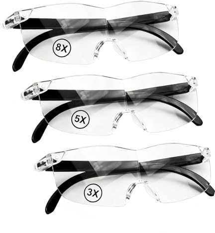 tiyiyok 3 Stück Lupenbrille für Brillenträger, Vergrößerungsbrille mit 3 Vergrößerungsstufen 300%, 500%, 800%, Antiblaues Licht, Tragbare Lupe Brille für Lesen, Nähen, Naharbeit, Modellbau