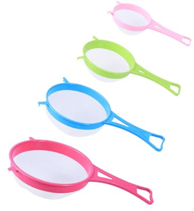 MUCKLILY 4 Pcs Plastic Food Strainer with Fine Mesh Sieve and Colander Flour Sifter for Baking Tea Juice and Pasta Dishwasher Safe Kitchen Tool with Long Handles and Random Color