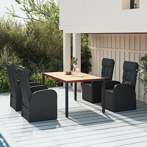 QJBSAVVA 5-TLG. Garten-Essgruppe 150x90x75 cm schwarz Poly-Rattan mit Akazienholz-Tisch, verstellbare Rückenlehne, wetterfestes Outdoor-Möbel-Set für Balkon Terrasse Camping