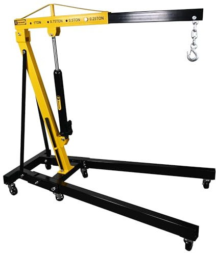 1 Ton Hydraulic Folding Engine Crane RocwooD Hoist Lift Stand 1000kg Garage Floor Stand Lift Jack for Garage Car Lifting Tools Caster Wheels Black/Yellow
