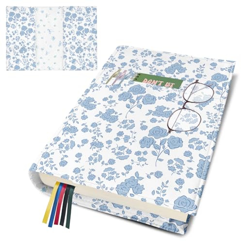 bolimoss Buchumschlag mit Blumenmuster, wiederverwendbar, waschbar, Buchumschlag mit Lesezeichen, verstellbare Leinwand, Buchhülle mit Tasche für große Taschenbuch-Romane, Geschenk für Frauen, Lehrer