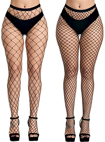 PERAMBRY Women's Fishnet Tights High Waist Fishnet Tights Black Fishnet Stockings Mesh Fishnet (BLACK-2PACKS L+XL)